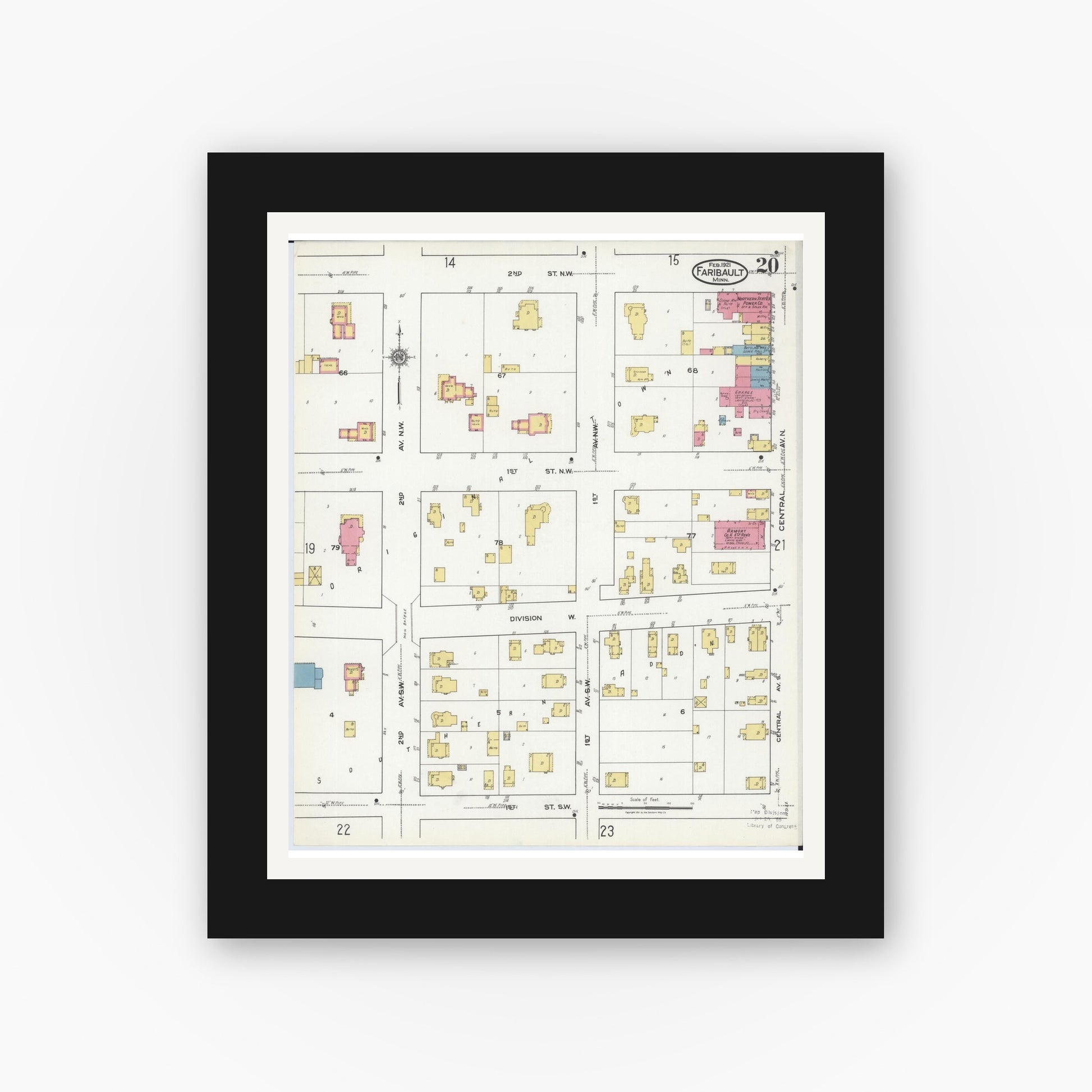 Old map wall art mockup — black gallery frame with white mat — Sanborn Fire Insurance Map from Faribault, Rice County, Minnesota (1921), Sheet #0020