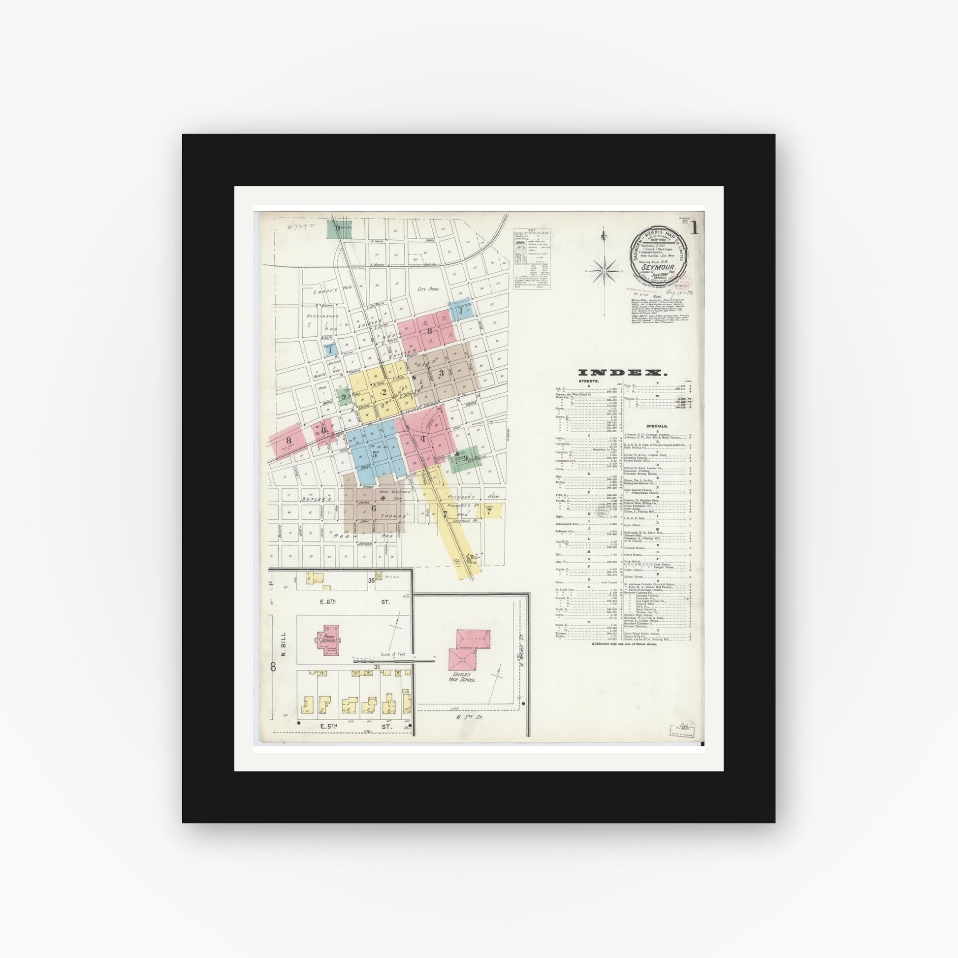 Old map wall art mockup — black gallery frame with white mat — Sanborn Fire Insurance Map from Seymour, Jackson County, Indiana (1896), Sheet #0001