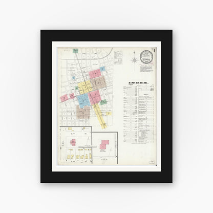Old map wall art mockup — black gallery frame with white mat — Sanborn Fire Insurance Map from Seymour, Jackson County, Indiana (1896), Sheet #0001