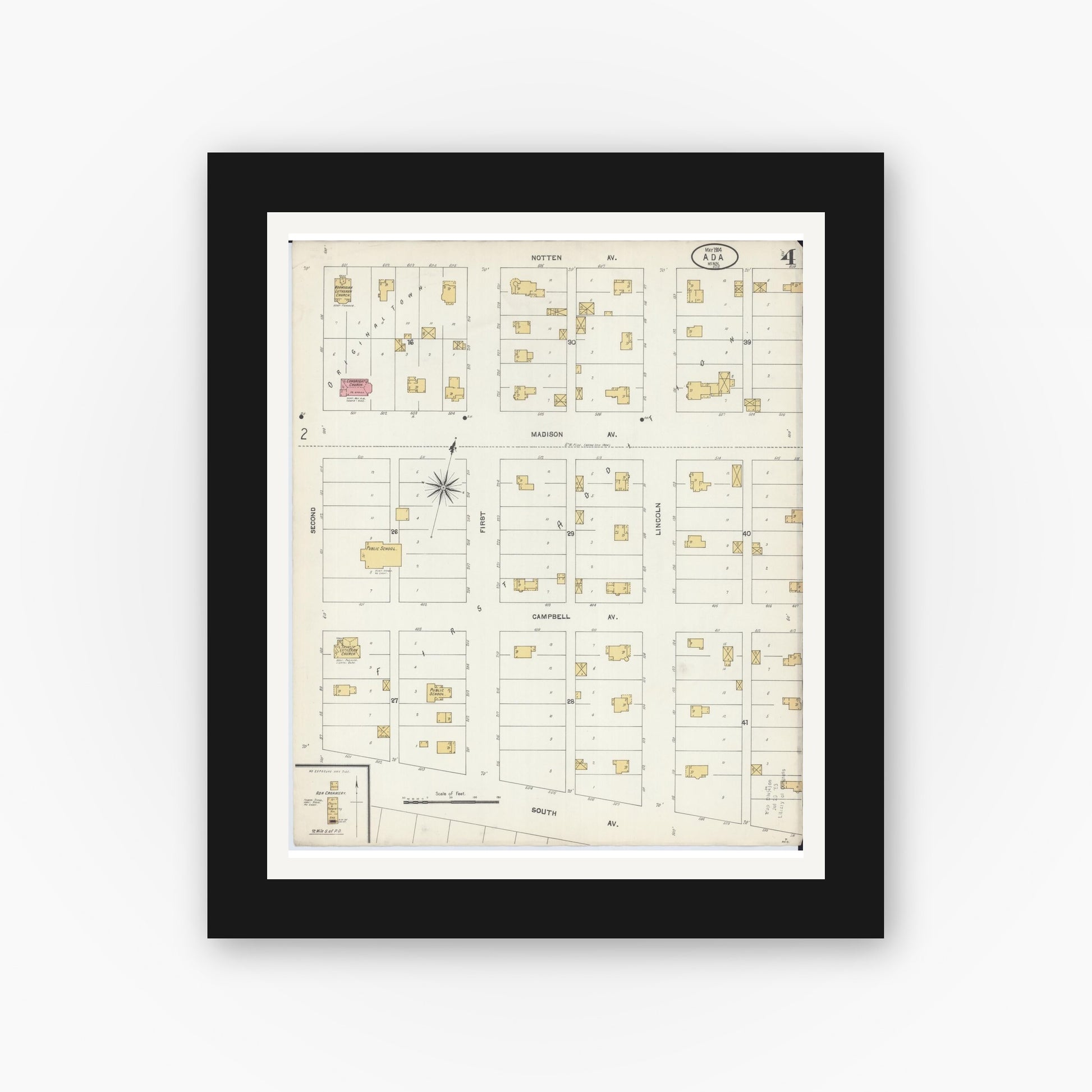 Old map wall art mockup — black gallery frame with white mat — Sanborn Fire Insurance Map from Ada, Norman County, Minnesota (1904), Sheet #0004