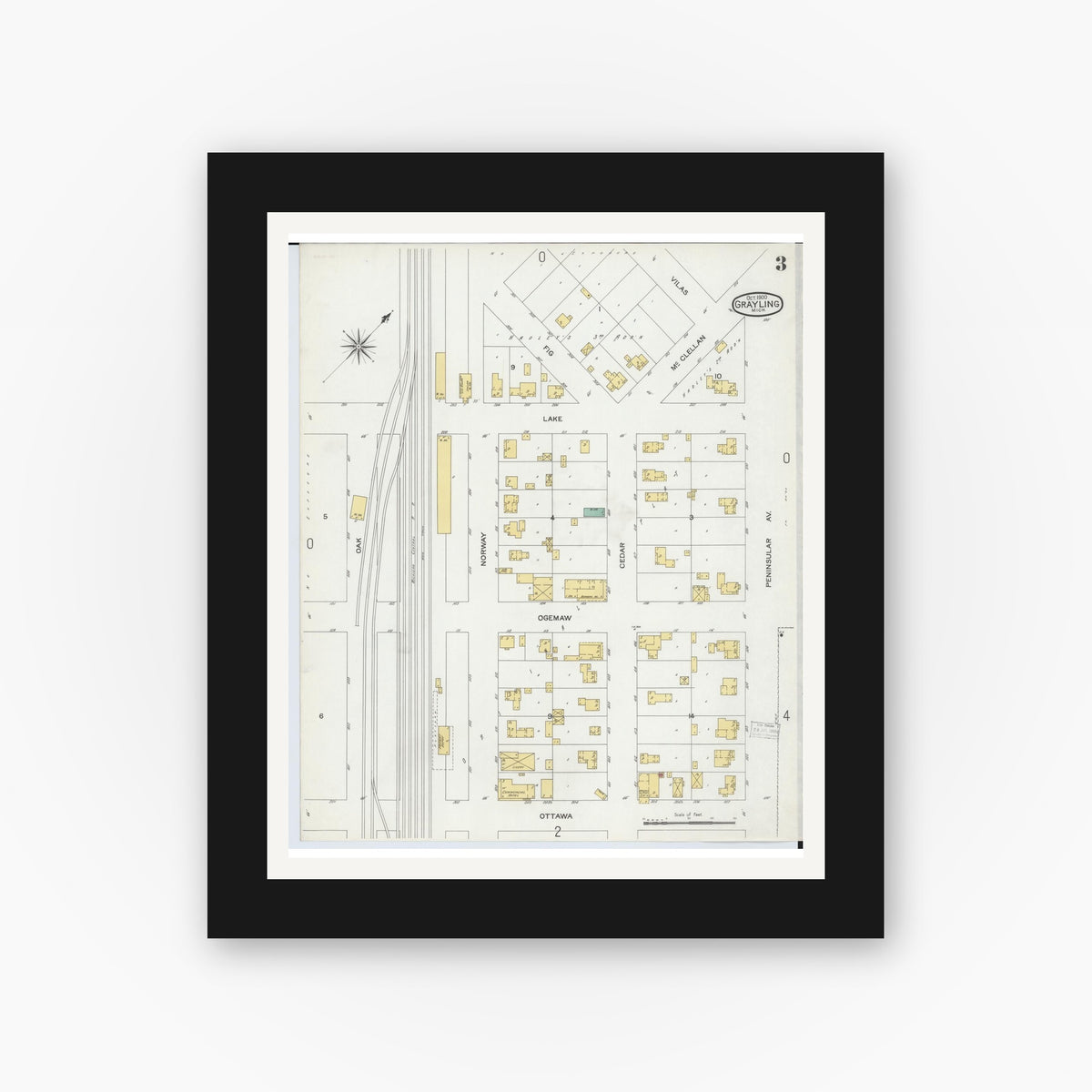 Old map wall art mockup — black gallery frame with white mat — Sanborn Fire Insurance Map from Grayling, Crawford County, Michigan (1900), Sheet #0003