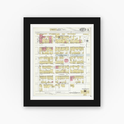 Old map wall art mockup — black gallery frame with white mat — Sanborn Fire Insurance Map from Mahanoy City, Schuylkill County, Pennsylvania (1920), Sheet #0005
