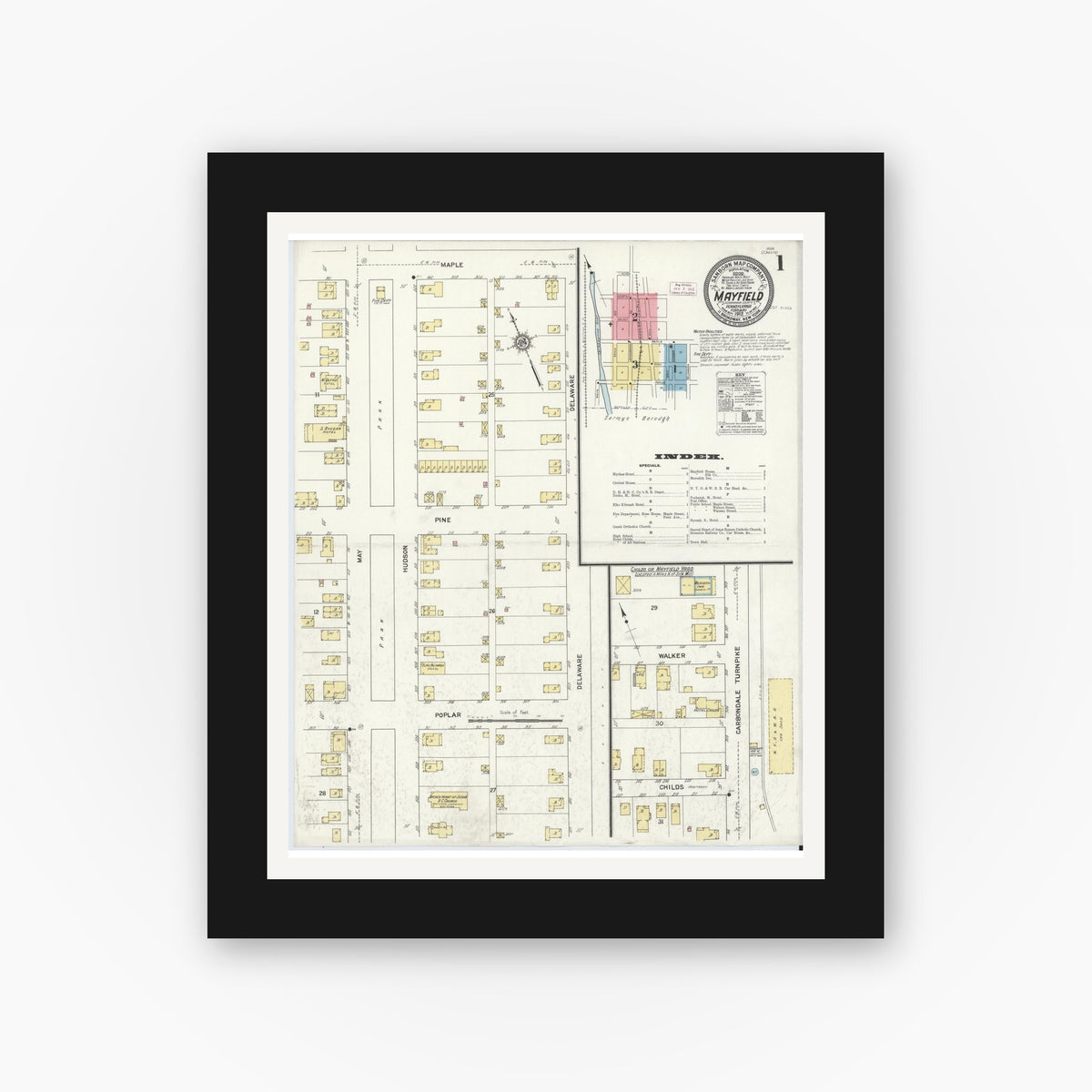Old map wall art mockup — black gallery frame with white mat — Sanborn Fire Insurance Map from Mayfield, Lackawanna County, Pennsylvania (1912), Sheet #0001