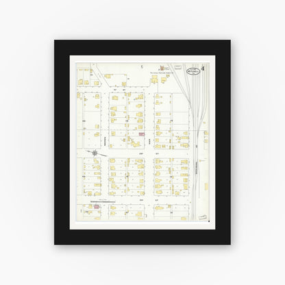 Old map wall art mockup — black gallery frame with white mat — Sanborn Fire Insurance Map from Mitchell, Lawrence County, Indiana (1909), Sheet #0004
