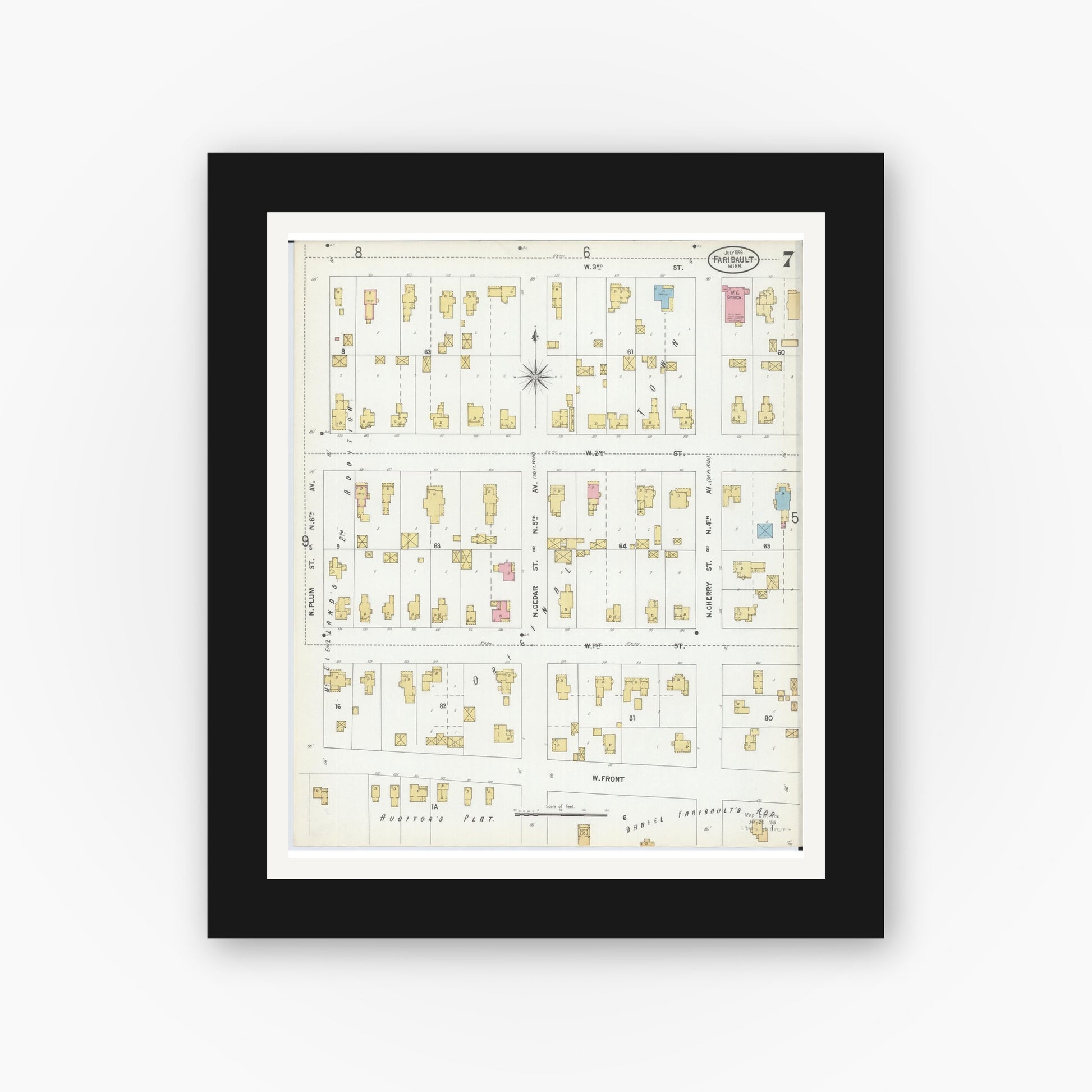 Old map wall art mockup — black gallery frame with white mat — Sanborn Fire Insurance Map from Faribault, Rice County, Minnesota (1899), Sheet #0007