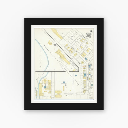 Old map wall art mockup — black gallery frame with white mat — Sanborn Fire Insurance Map from Warsaw, Kosciusko County, Indiana (1917), Sheet #0014