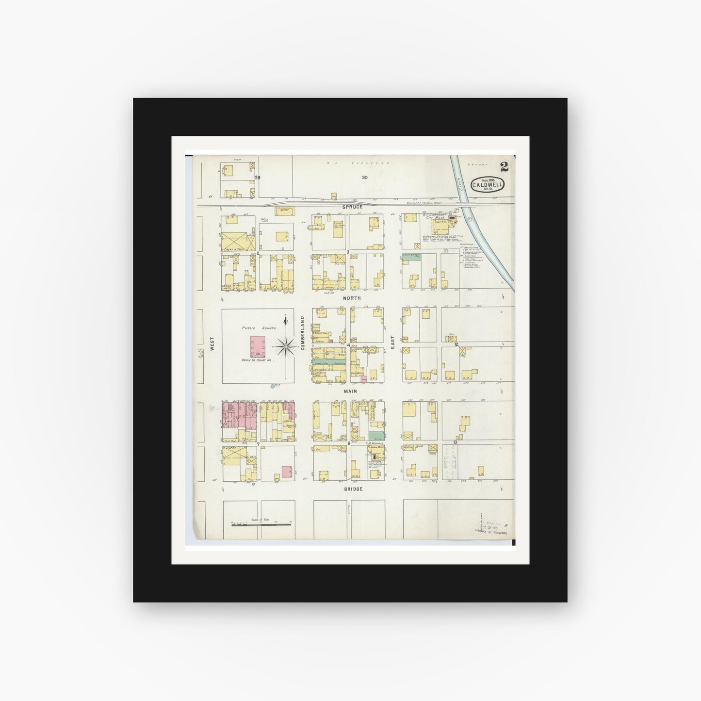 Old map wall art mockup — black gallery frame with white mat — Sanborn Fire Insurance Map from Caldwell, Noble County, Ohio (1895), Sheet #0002
