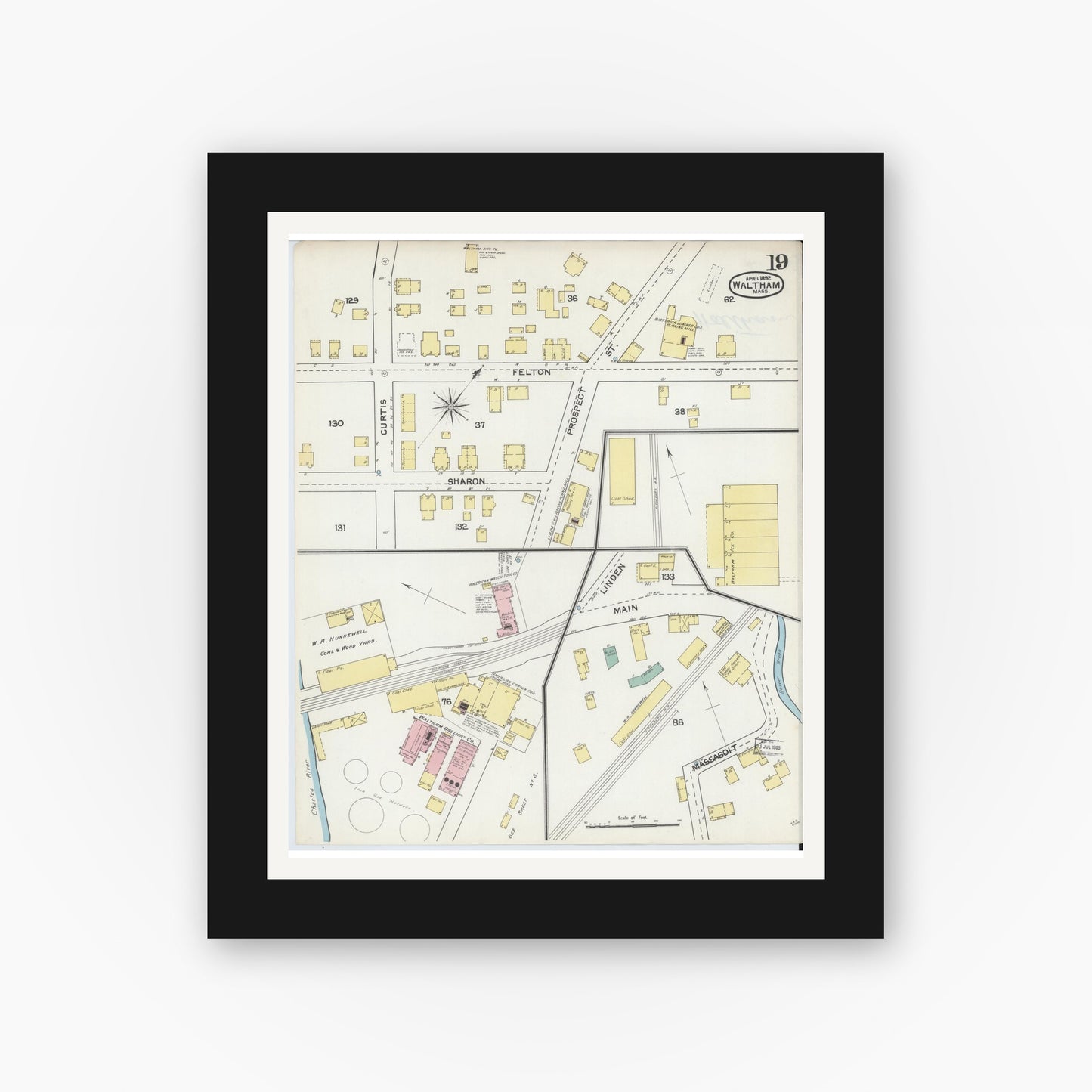 Old map wall art mockup — black gallery frame with white mat — Sanborn Fire Insurance Map from Waltham, Middlesex County, Massachusetts (1892), Sheet #0019