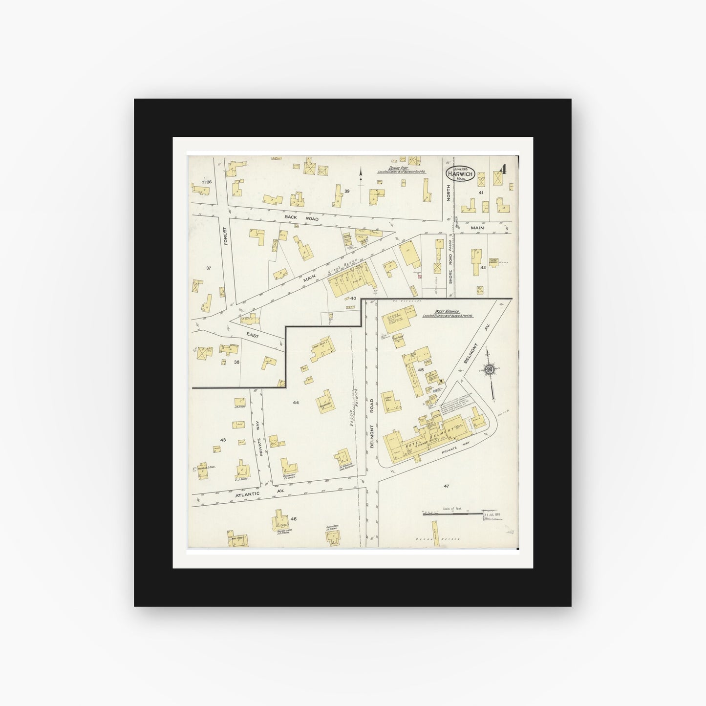 Old map wall art mockup — black gallery frame with white mat — Sanborn Fire Insurance Map from Harwich, Barnstable County, Massachusetts (1915), Sheet #0004