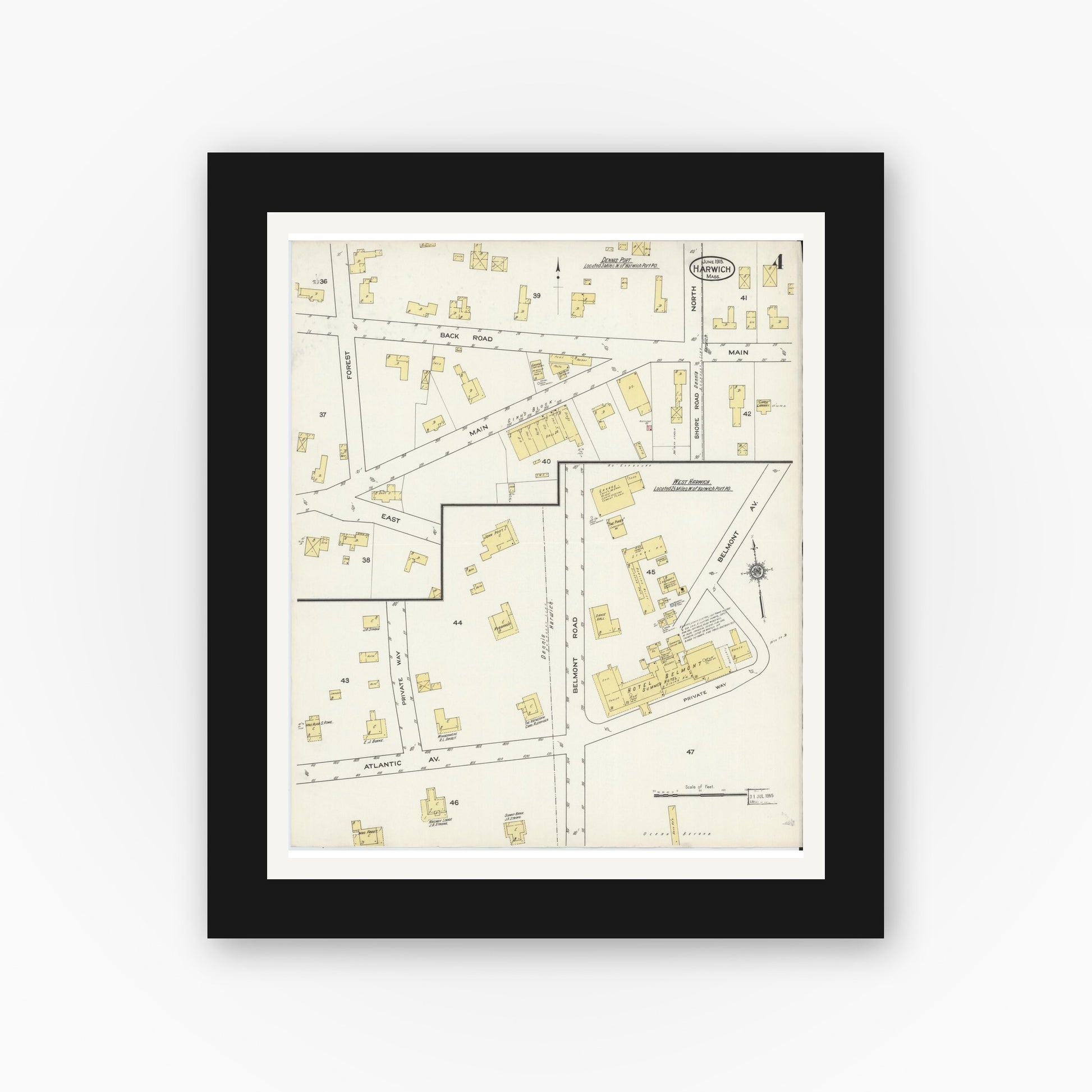 Old map wall art mockup — black gallery frame with white mat — Sanborn Fire Insurance Map from Harwich, Barnstable County, Massachusetts (1915), Sheet #0004