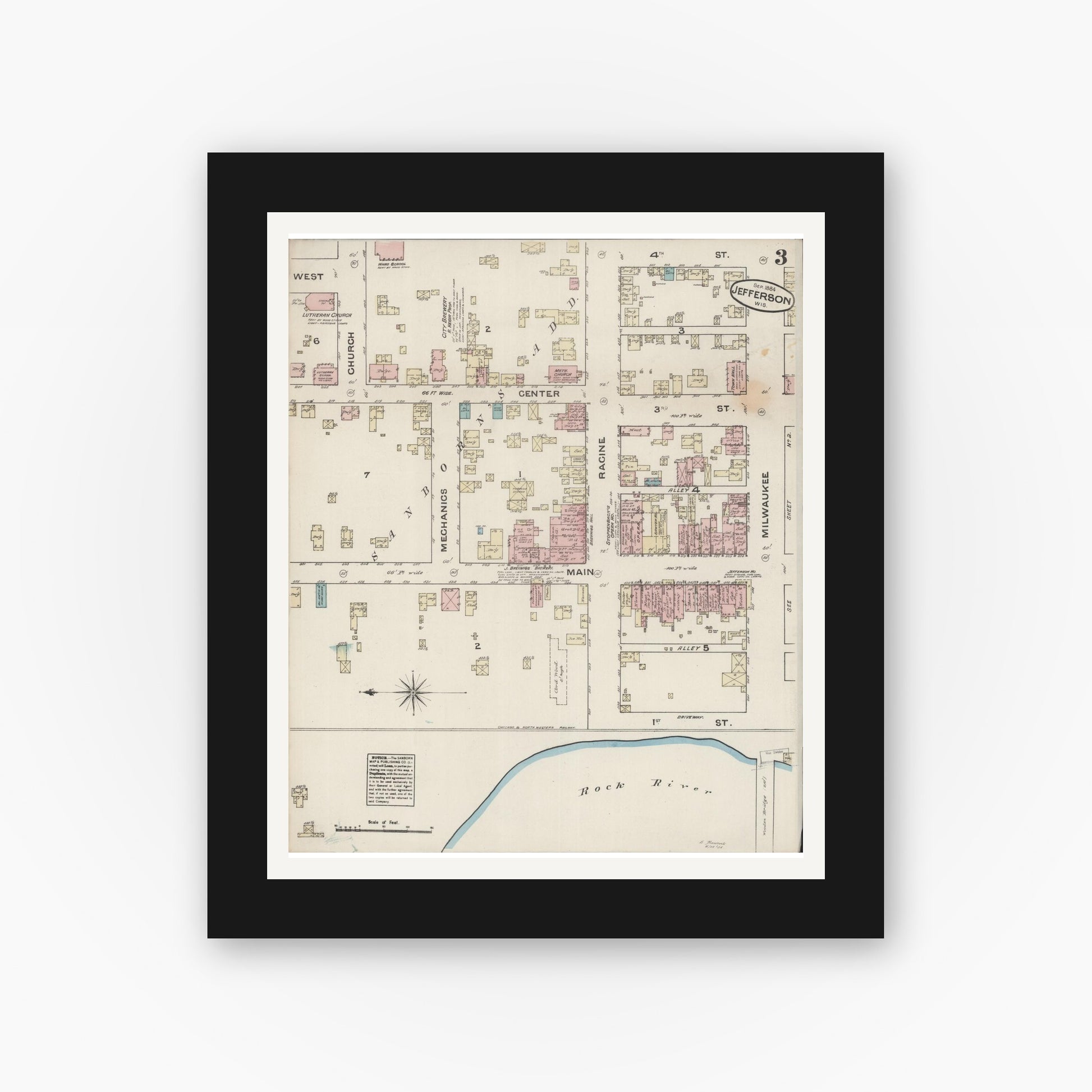 Old map wall art mockup — black gallery frame with white mat — Sanborn Fire Insurance Map from Jefferson, Jefferson County, Wisconsin (1884), Sheet #0003