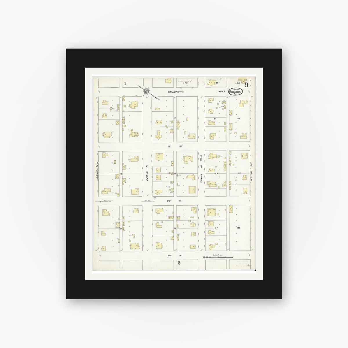 Old map wall art mockup — black gallery frame with white mat — Sanborn Fire Insurance Map from Rosebud, Falls County, Texas (1914), Sheet #0009