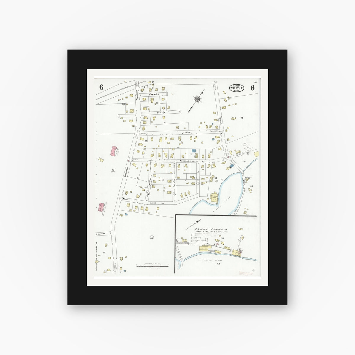 Old map wall art mockup — black gallery frame with white mat — Sanborn Fire Insurance Map from Walpole, Norfolk County, Massachusetts (1927), Sheet #0006