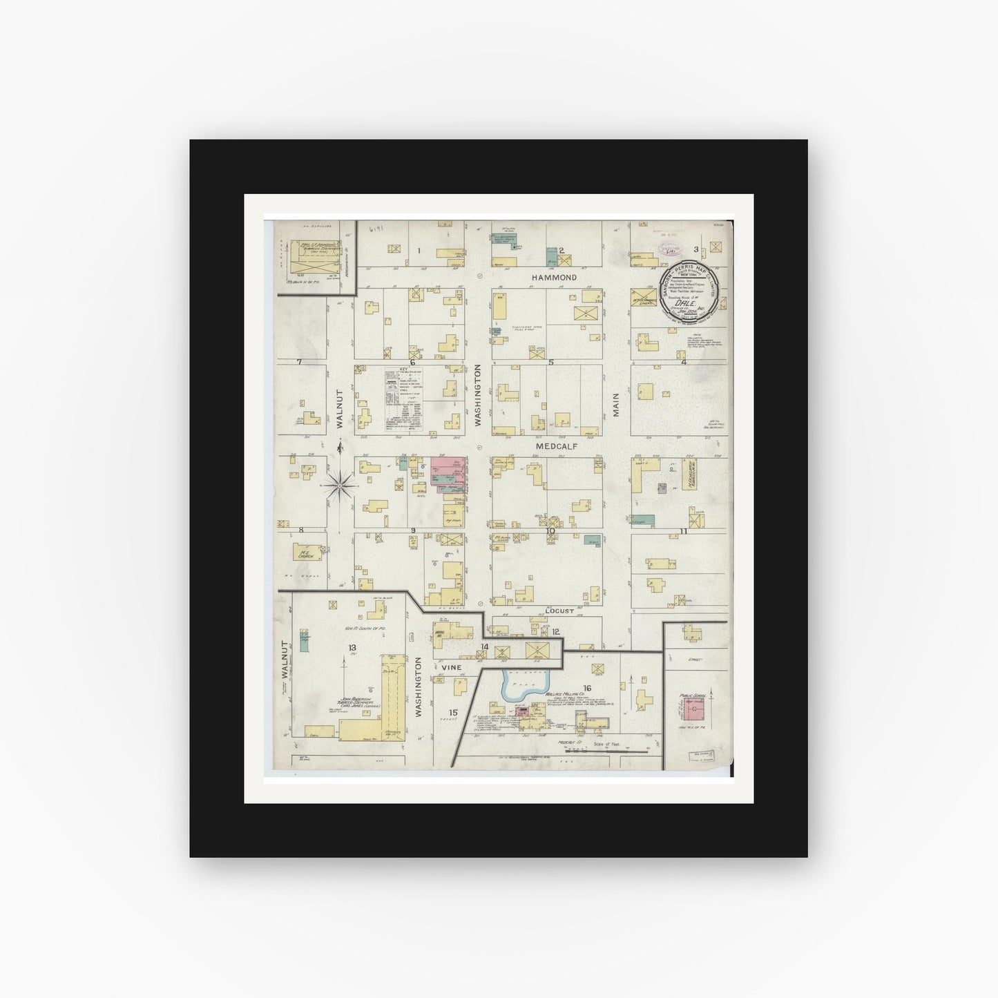 Old map wall art mockup — black gallery frame with white mat — Sanborn Fire Insurance Map from Dale, Spencer County, Indiana (1894), Sheet #0001