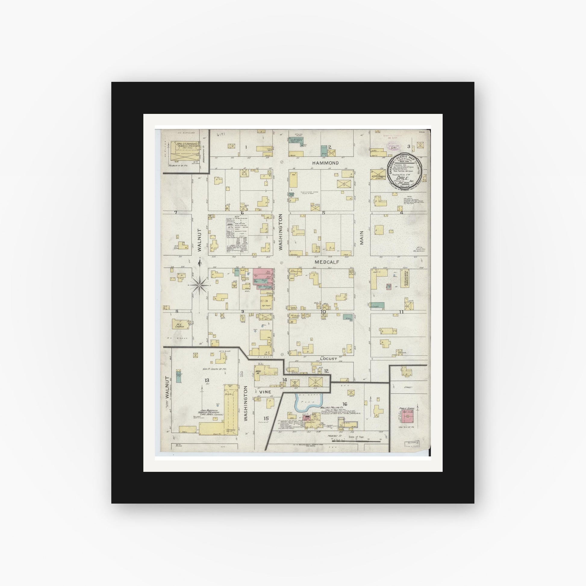 Old map wall art mockup — black gallery frame with white mat — Sanborn Fire Insurance Map from Dale, Spencer County, Indiana (1894), Sheet #0001