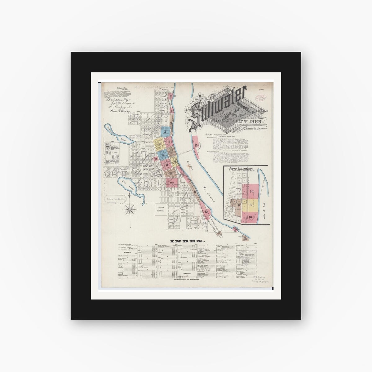 Old map wall art mockup — black gallery frame with white mat — Sanborn Fire Insurance Map from Stillwater, Washington County, Minnesota (1888), Sheet #0001