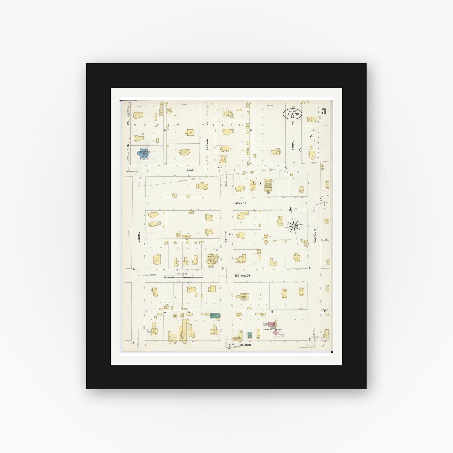 Old map wall art mockup — black gallery frame with white mat — Sanborn Fire Insurance Map from Tolono, Champaign County, Illinois (1907), Sheet #0003