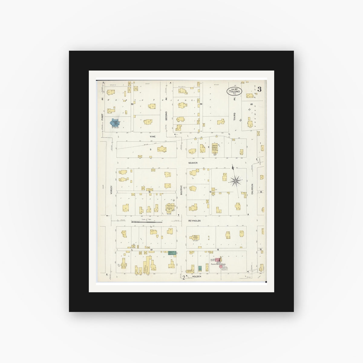 Old map wall art mockup — black gallery frame with white mat — Sanborn Fire Insurance Map from Tolono, Champaign County, Illinois (1907), Sheet #0003