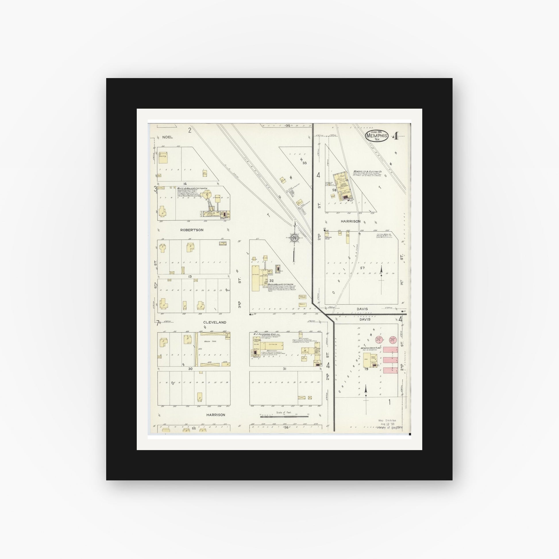Old map wall art mockup — black gallery frame with white mat — Sanborn Fire Insurance Map from Memphis, Hall County, Texas (1914), Sheet #0004