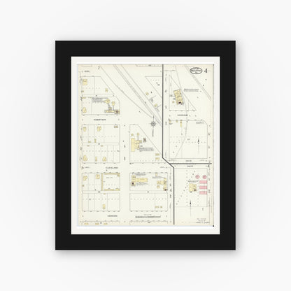 Old map wall art mockup — black gallery frame with white mat — Sanborn Fire Insurance Map from Memphis, Hall County, Texas (1914), Sheet #0004