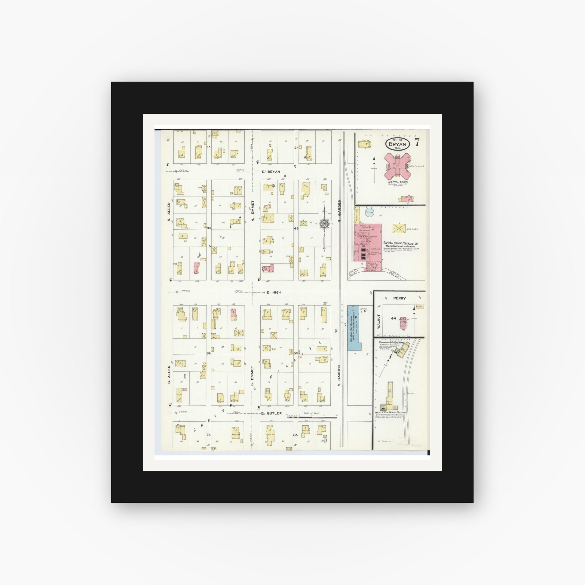 Old map wall art mockup — black gallery frame with white mat — Sanborn Fire Insurance Map from Bryan, Williams County, Ohio (1911), Sheet #0007
