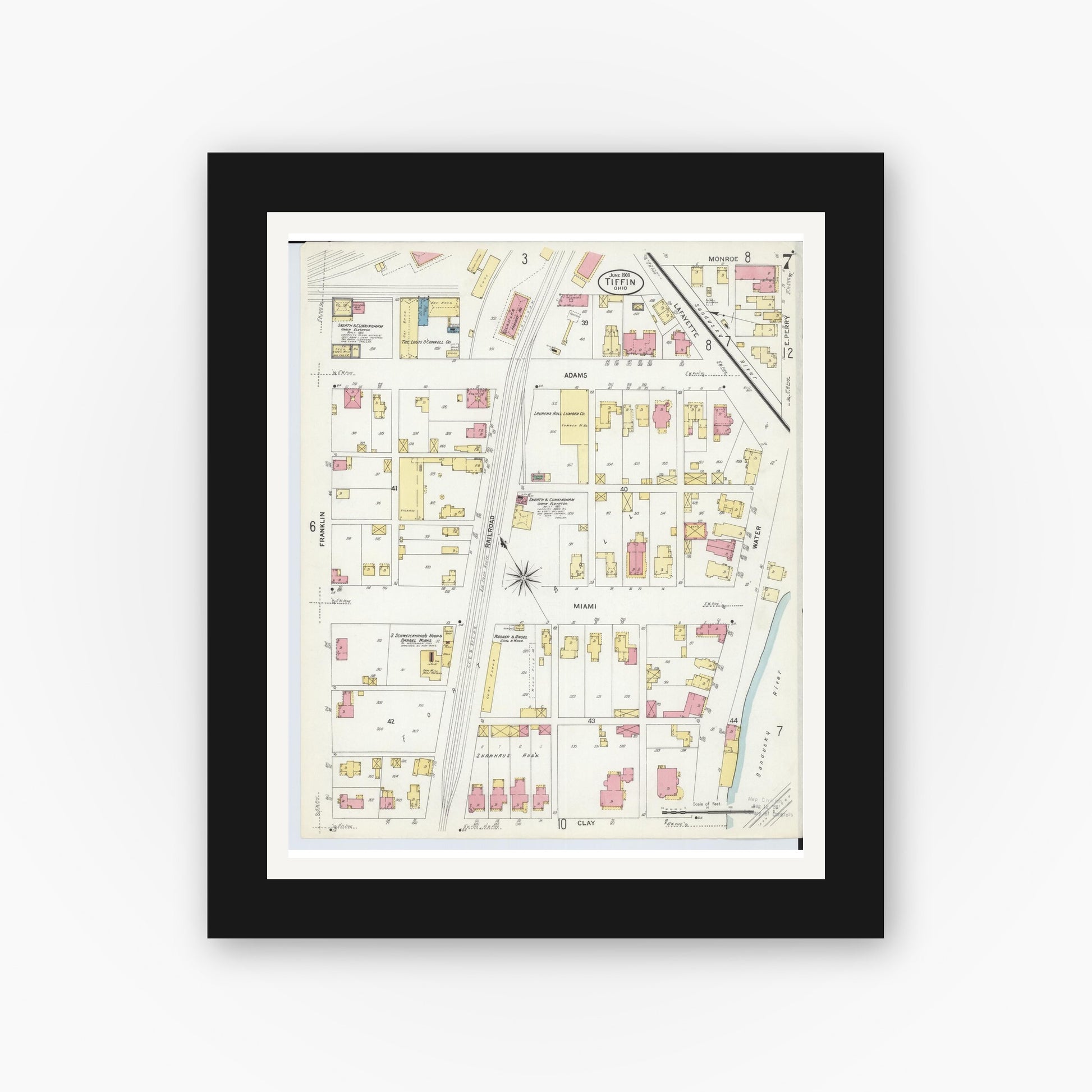 Old map wall art mockup — black gallery frame with white mat — Sanborn Fire Insurance Map from Tiffin, Seneca County, Ohio (1908), Sheet #0007