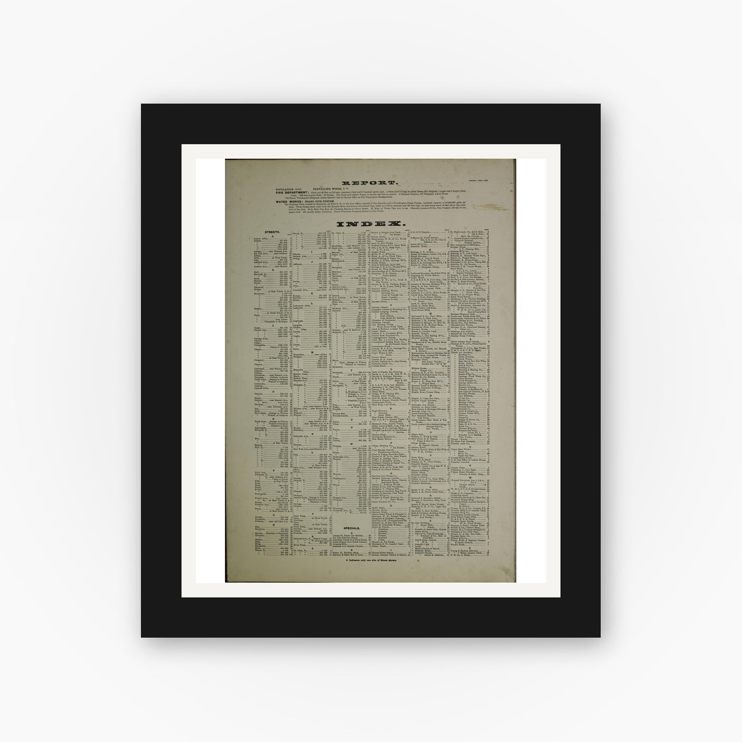 Old map wall art mockup — black gallery frame with white mat — Sanborn Fire Insurance Map from Toledo, Lucas County, Ohio (1888), Sheet #0001