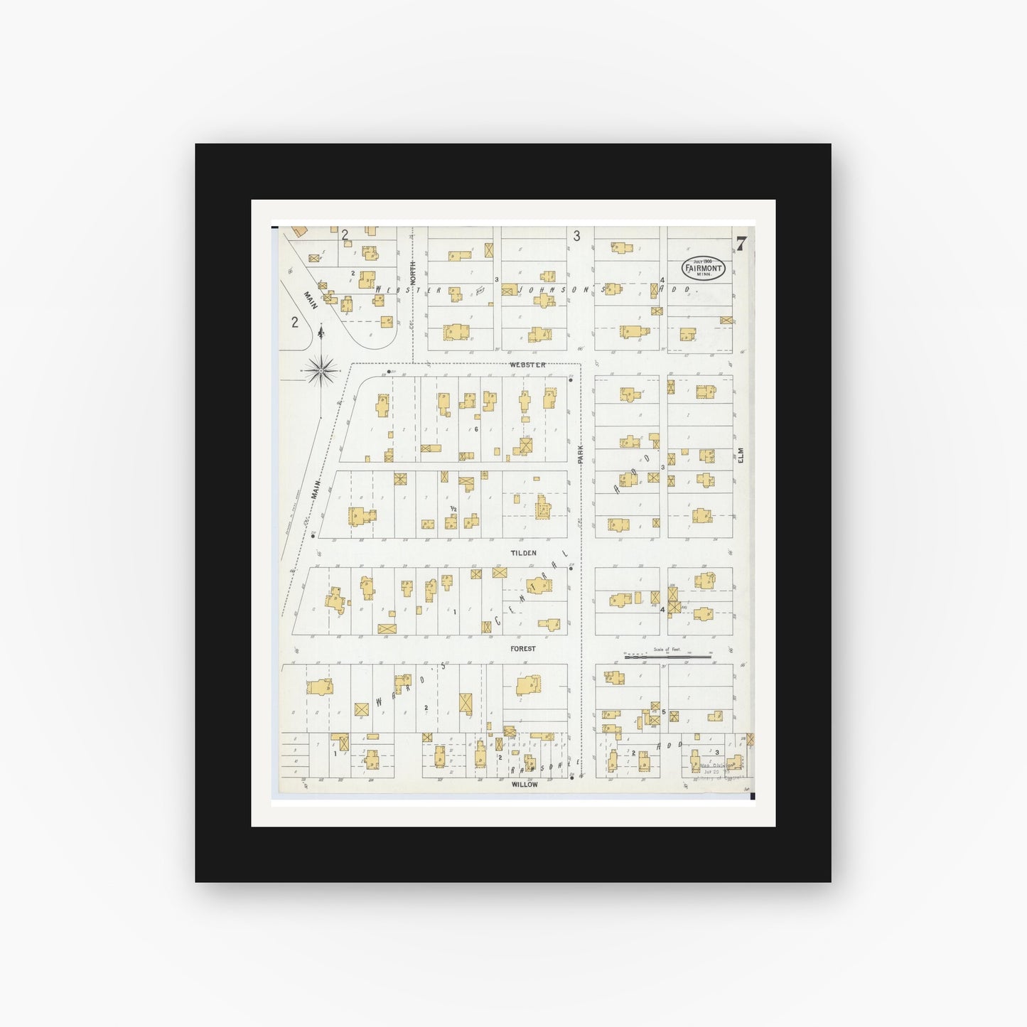 Old map wall art mockup — black gallery frame with white mat — Sanborn Fire Insurance Map from Fairmont, Martin County, Minnesota (1900), Sheet #0007