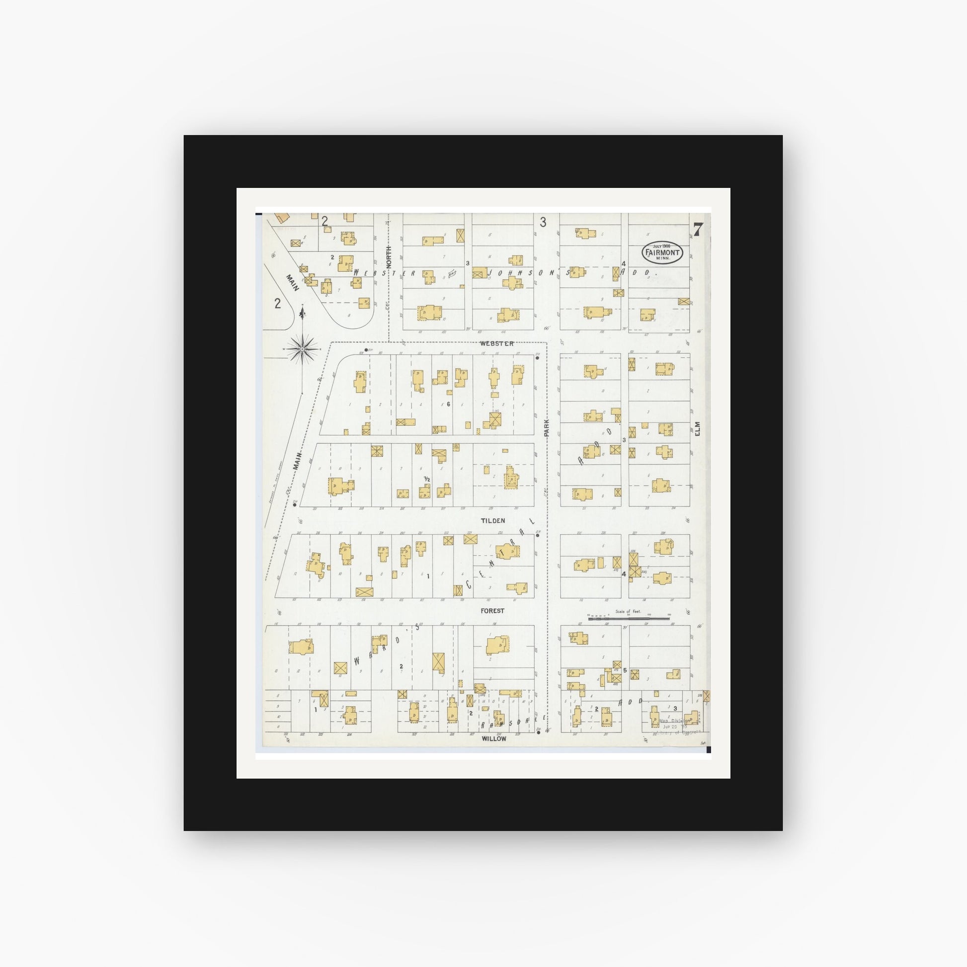 Old map wall art mockup — black gallery frame with white mat — Sanborn Fire Insurance Map from Fairmont, Martin County, Minnesota (1900), Sheet #0007