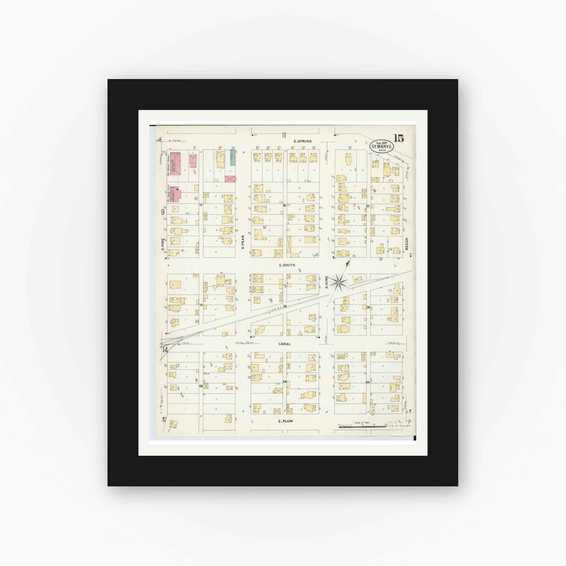 Old map wall art mockup — black gallery frame with white mat — Sanborn Fire Insurance Map from Saint Marys, Auglaize County, Ohio (1907), Sheet #0015