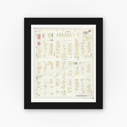 Old map wall art mockup — black gallery frame with white mat — Sanborn Fire Insurance Map from Saint Marys, Auglaize County, Ohio (1907), Sheet #0015
