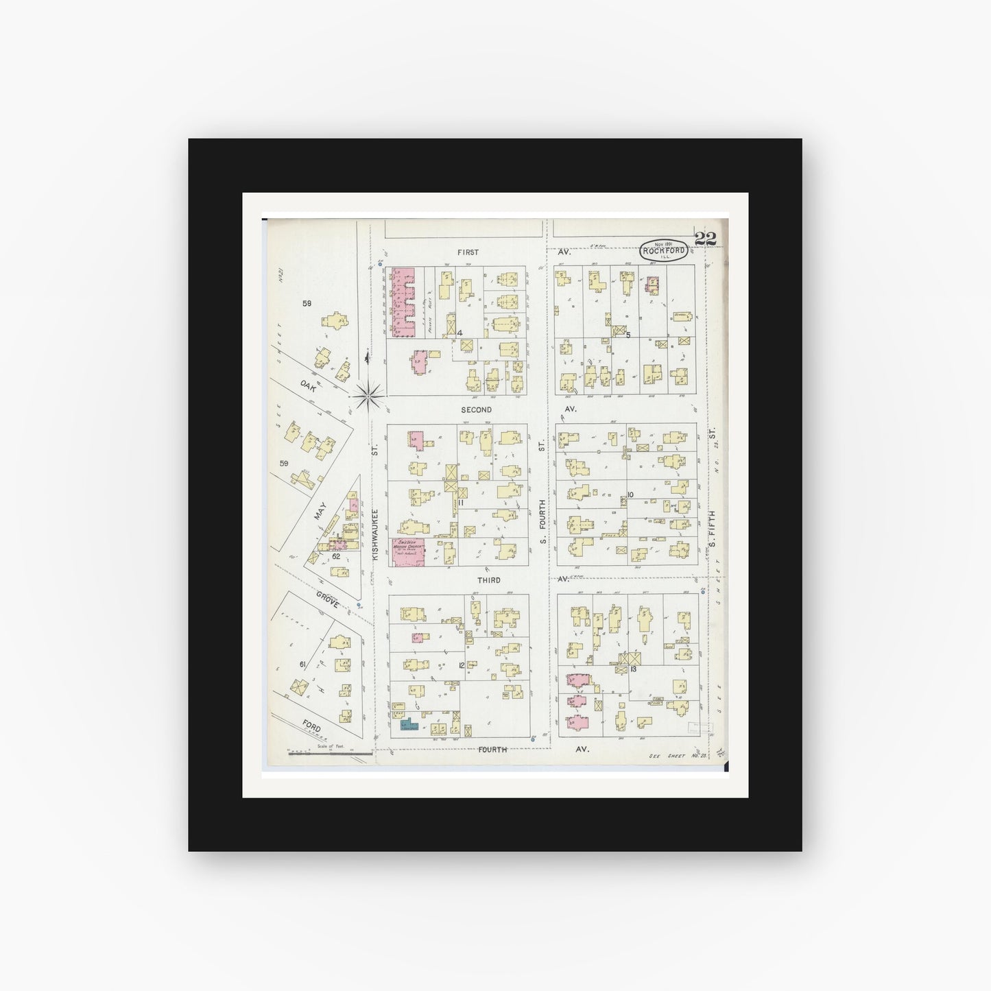 Old map wall art mockup — black gallery frame with white mat — Sanborn Fire Insurance Map from Rockford, Winnebago County, Illinois (1891), Sheet #0022