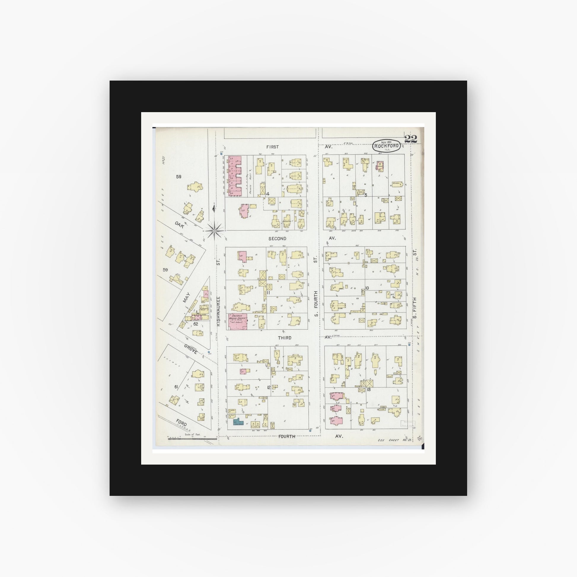 Old map wall art mockup — black gallery frame with white mat — Sanborn Fire Insurance Map from Rockford, Winnebago County, Illinois (1891), Sheet #0022