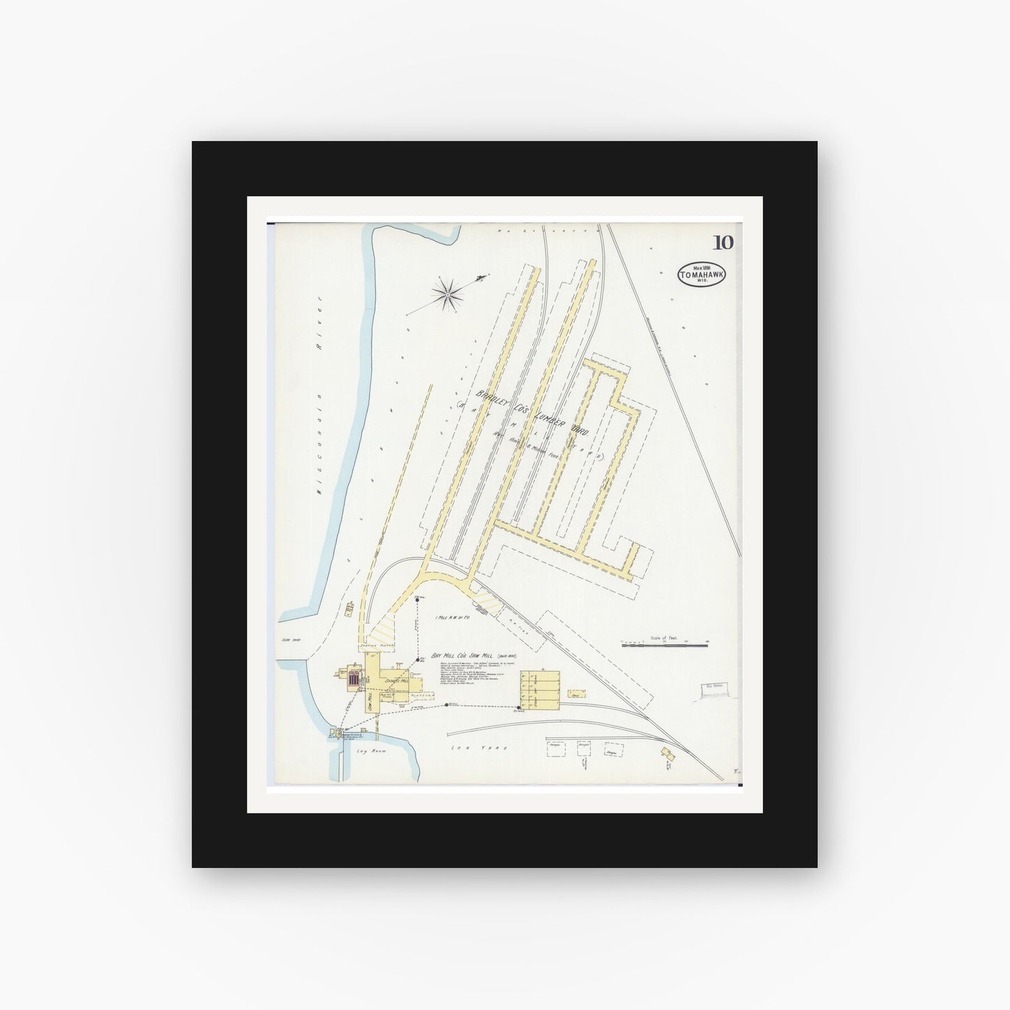 Old map wall art mockup — black gallery frame with white mat — Sanborn Fire Insurance Map from Tomahawk, Lincoln County, Wisconsin (1898), Sheet #0010
