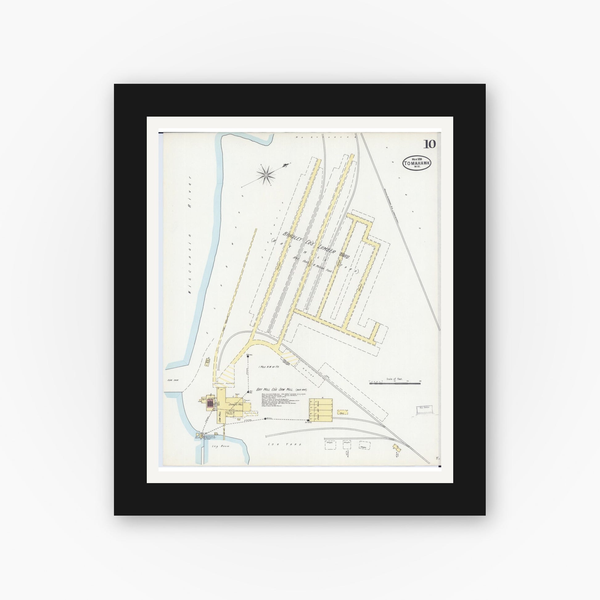 Old map wall art mockup — black gallery frame with white mat — Sanborn Fire Insurance Map from Tomahawk, Lincoln County, Wisconsin (1898), Sheet #0010