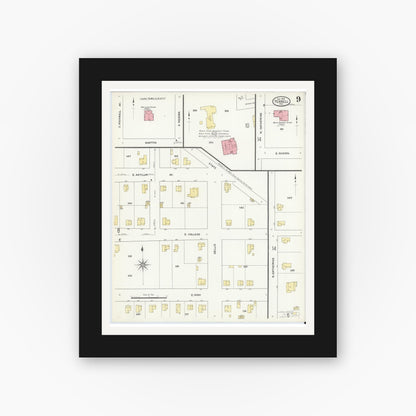 Old map wall art mockup — black gallery frame with white mat — Sanborn Fire Insurance Map from Terrell, Kaufman County, Texas (1909), Sheet #0009