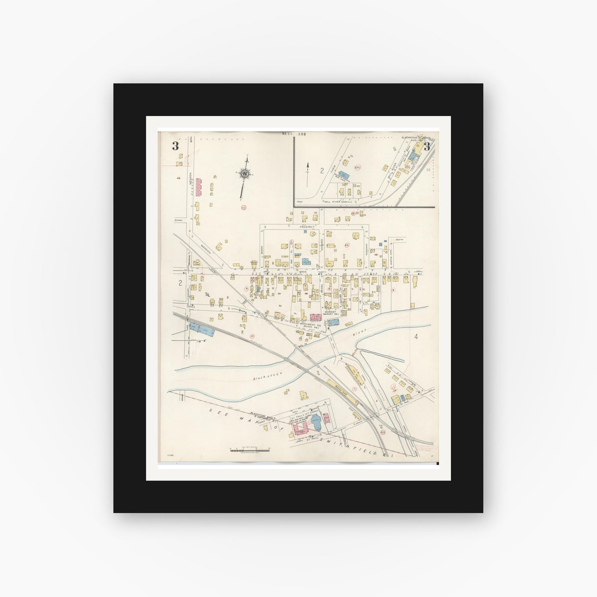 Old map wall art mockup — black gallery frame with white mat — Sanborn Fire Insurance Map from Blackstone, Worcester County, Massachusetts (1948), Sheet #0003