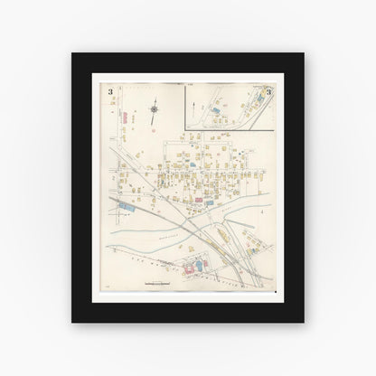 Old map wall art mockup — black gallery frame with white mat — Sanborn Fire Insurance Map from Blackstone, Worcester County, Massachusetts (1948), Sheet #0003