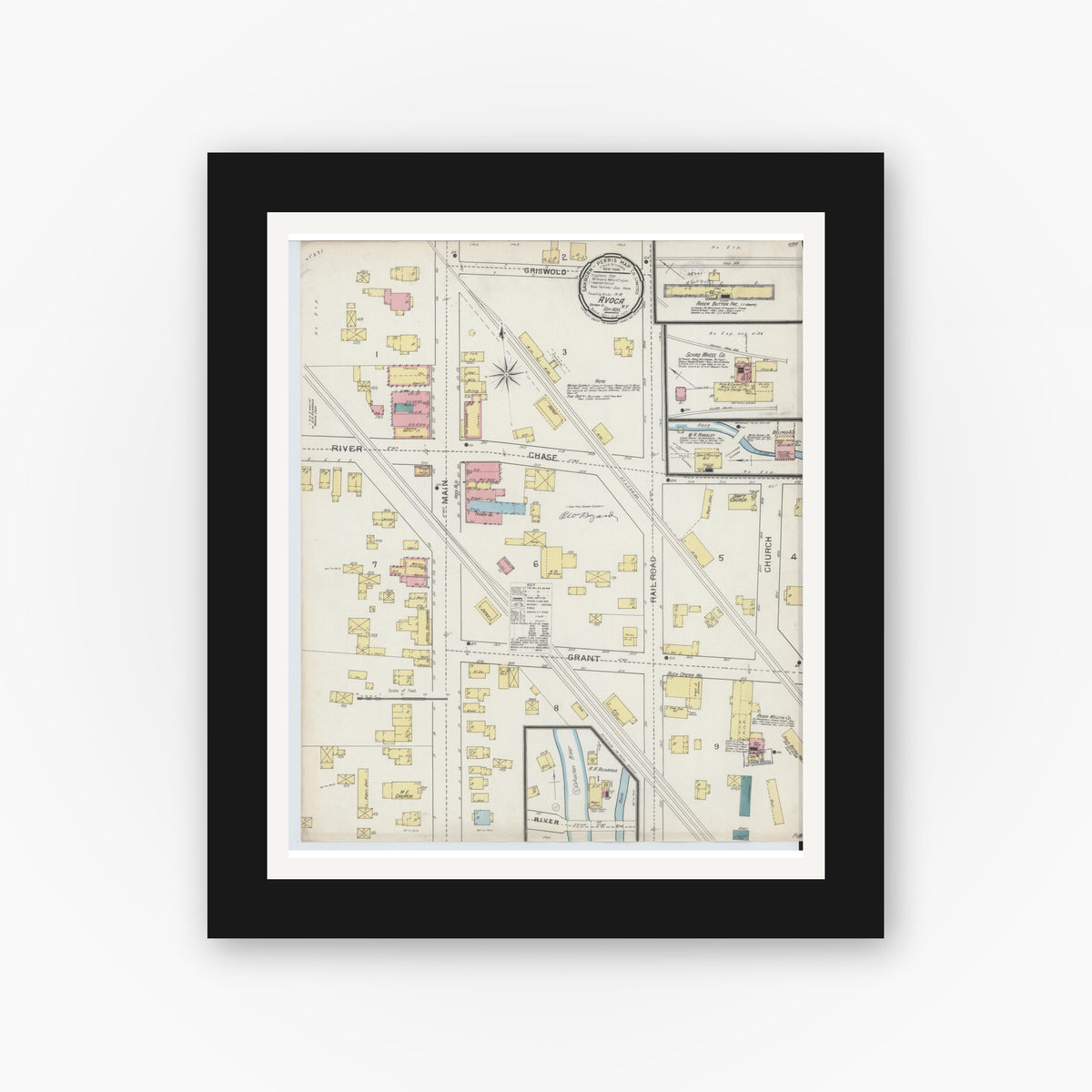 Old map wall art mockup — black gallery frame with white mat — Sanborn Fire Insurance Map from Avoca, Steuben County, New York (1893), Sheet #0001