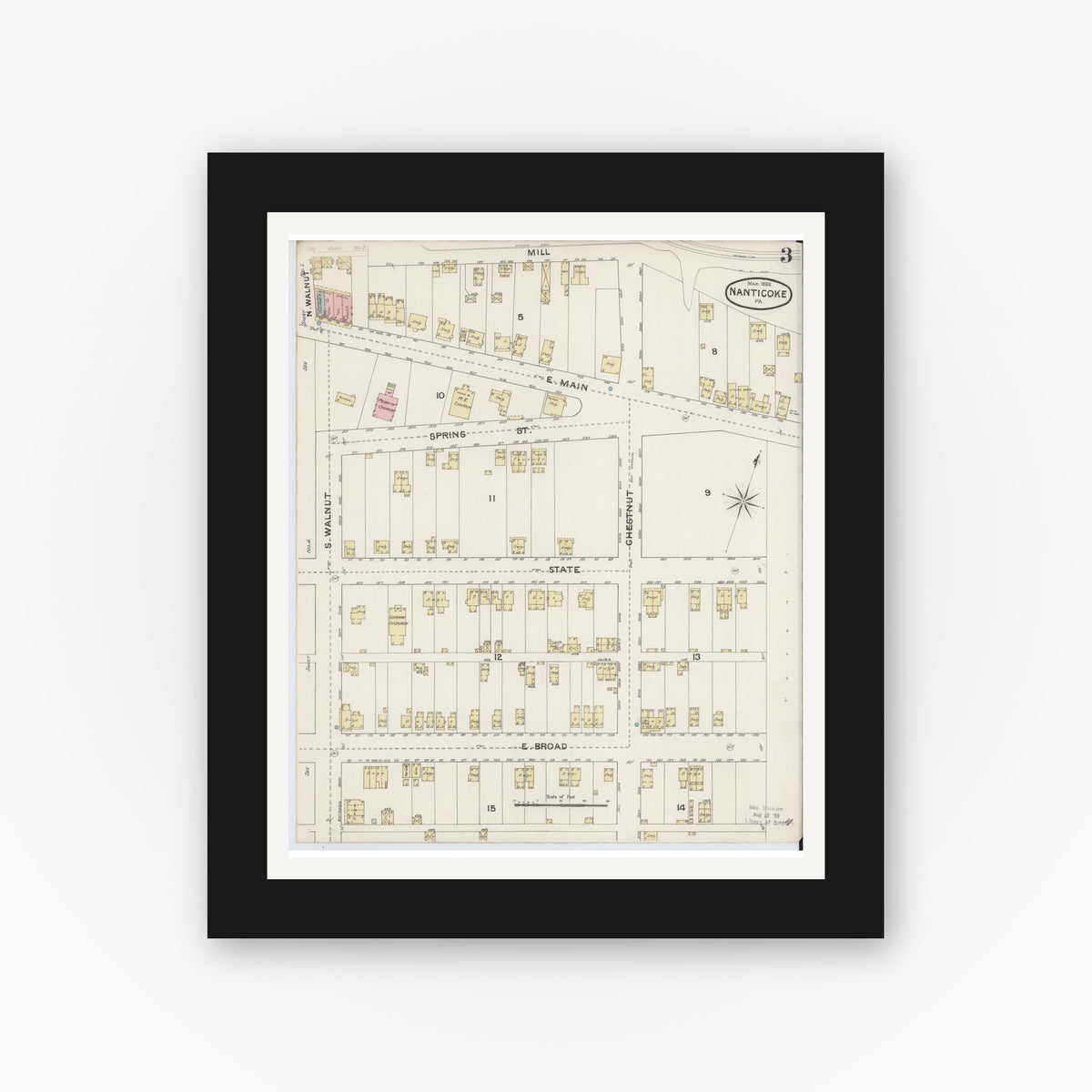 Old map wall art mockup — black gallery frame with white mat — Sanborn Fire Insurance Map from Nanticoke, Luzerne County, Pennsylvania (1888), Sheet #0003