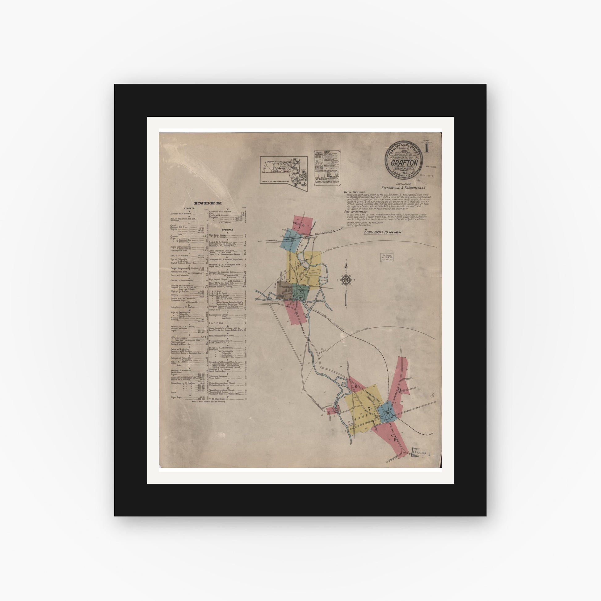 Old map wall art mockup — black gallery frame with white mat — Sanborn Fire Insurance Map from Grafton, Worcester County, Massachusetts (1922), Sheet #0001