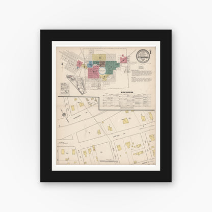 Old map wall art mockup — black gallery frame with white mat — Sanborn Fire Insurance Map from De Funiak Springs, Walton County, Florida (1922), Sheet #0001