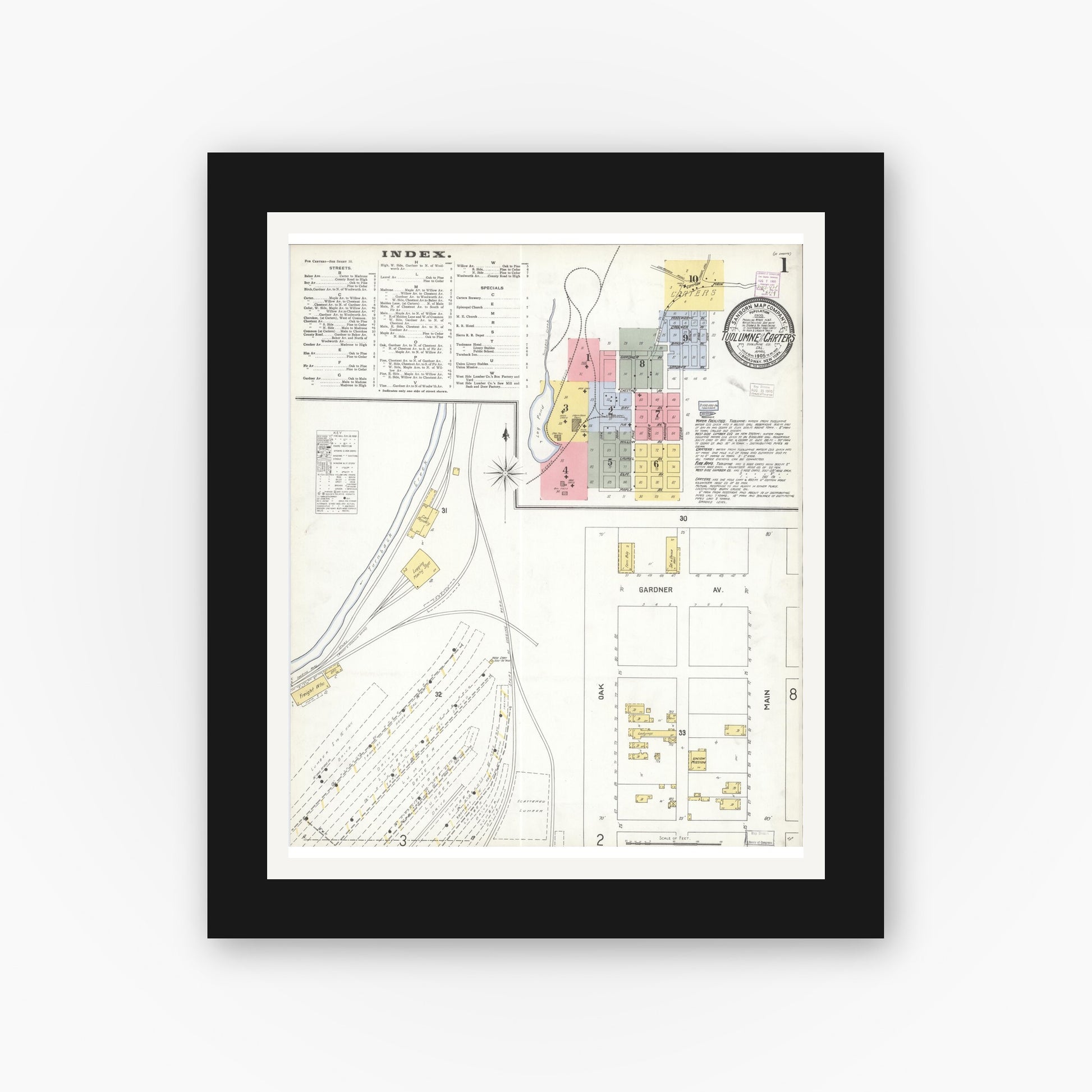 Old map wall art mockup — black gallery frame with white mat — Sanborn Fire Insurance Map from Tuolumne, Tuolumne County, California (1905) - Complete Map Set