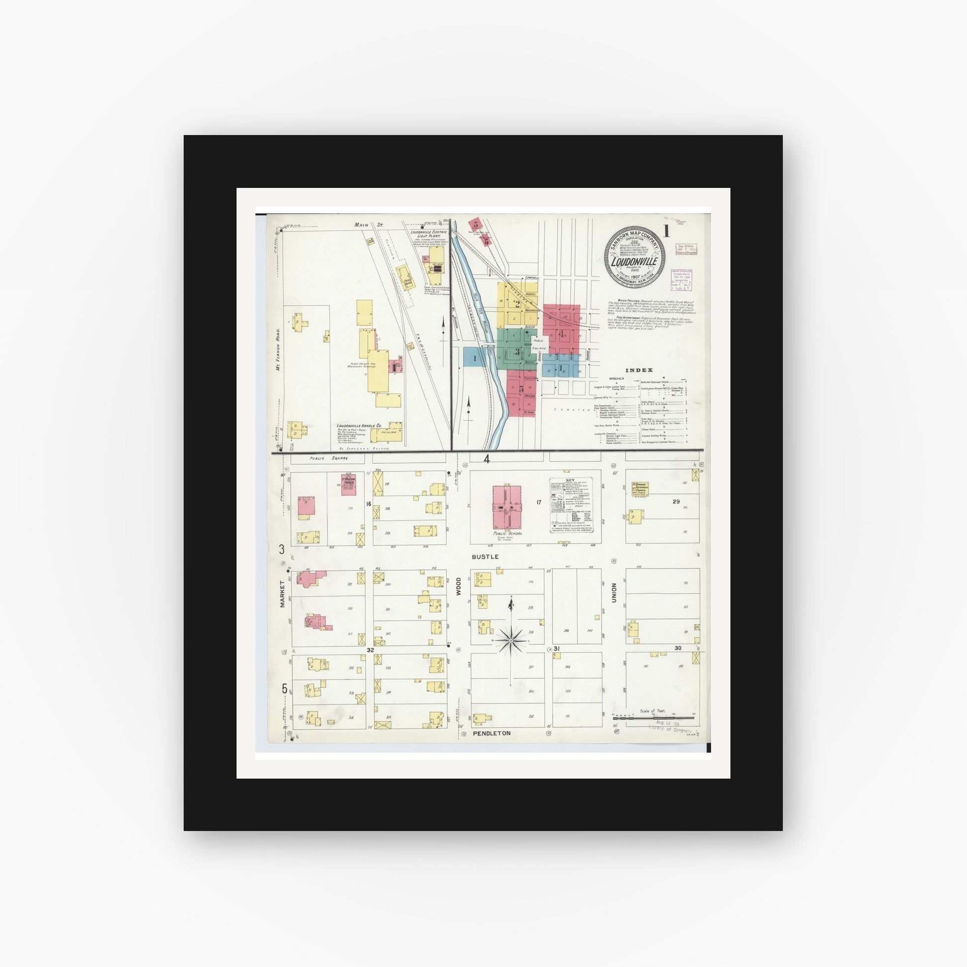 Old map wall art mockup — black gallery frame with white mat — Sanborn Fire Insurance Map from Loudonville, Ashland County, Ohio (1907) - Complete Map Set