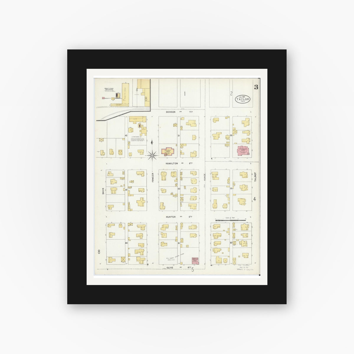 Old map wall art mockup — black gallery frame with white mat — Sanborn Fire Insurance Map from Taylor, Williamson County, Texas (1904), Sheet #0003