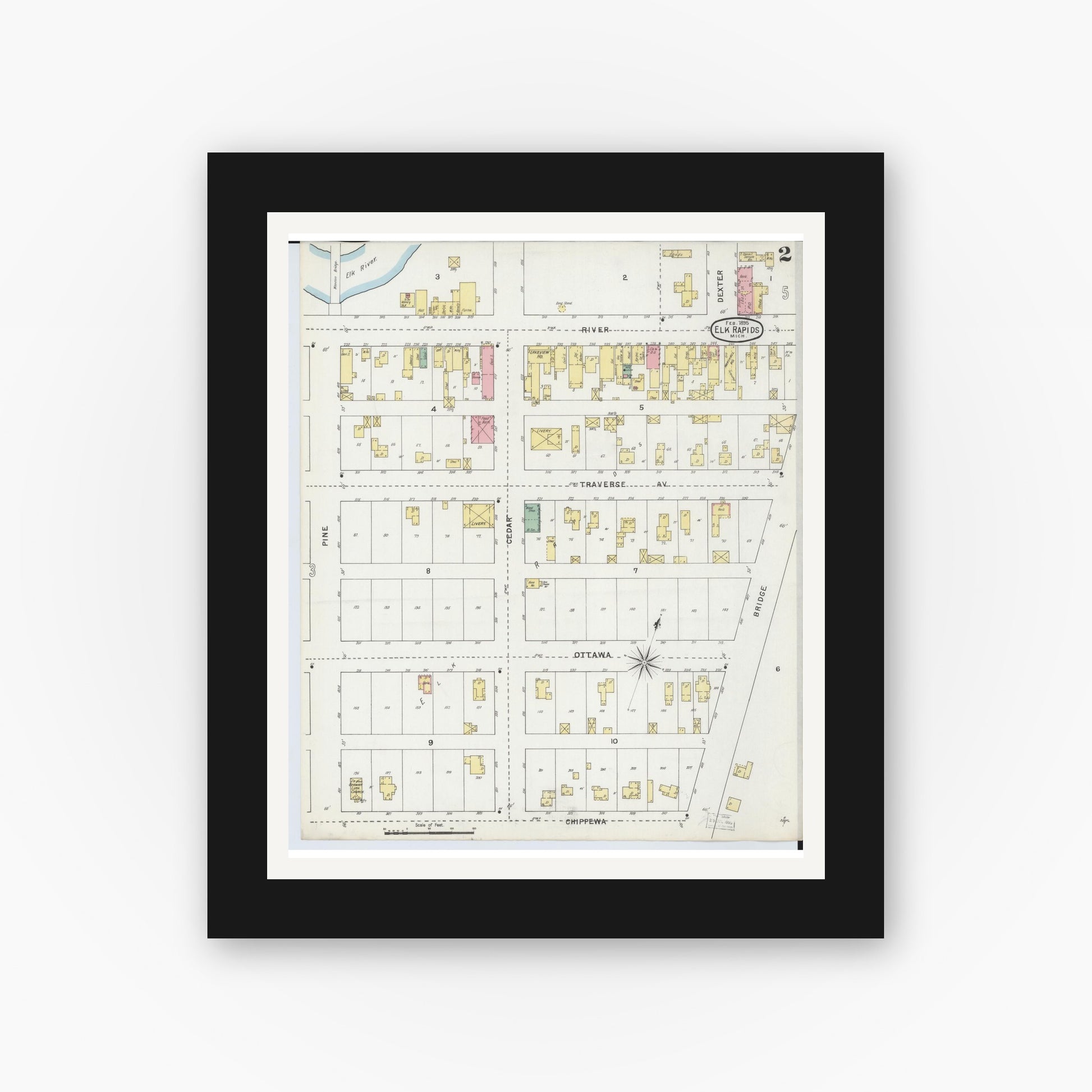 Old map wall art mockup — black gallery frame with white mat — Sanborn Fire Insurance Map from Elk Rapids, Antrim County, Michigan (1895), Sheet #0002