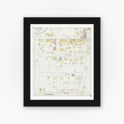 Old map wall art mockup — black gallery frame with white mat — Sanborn Fire Insurance Map from Elk Rapids, Antrim County, Michigan (1895), Sheet #0002