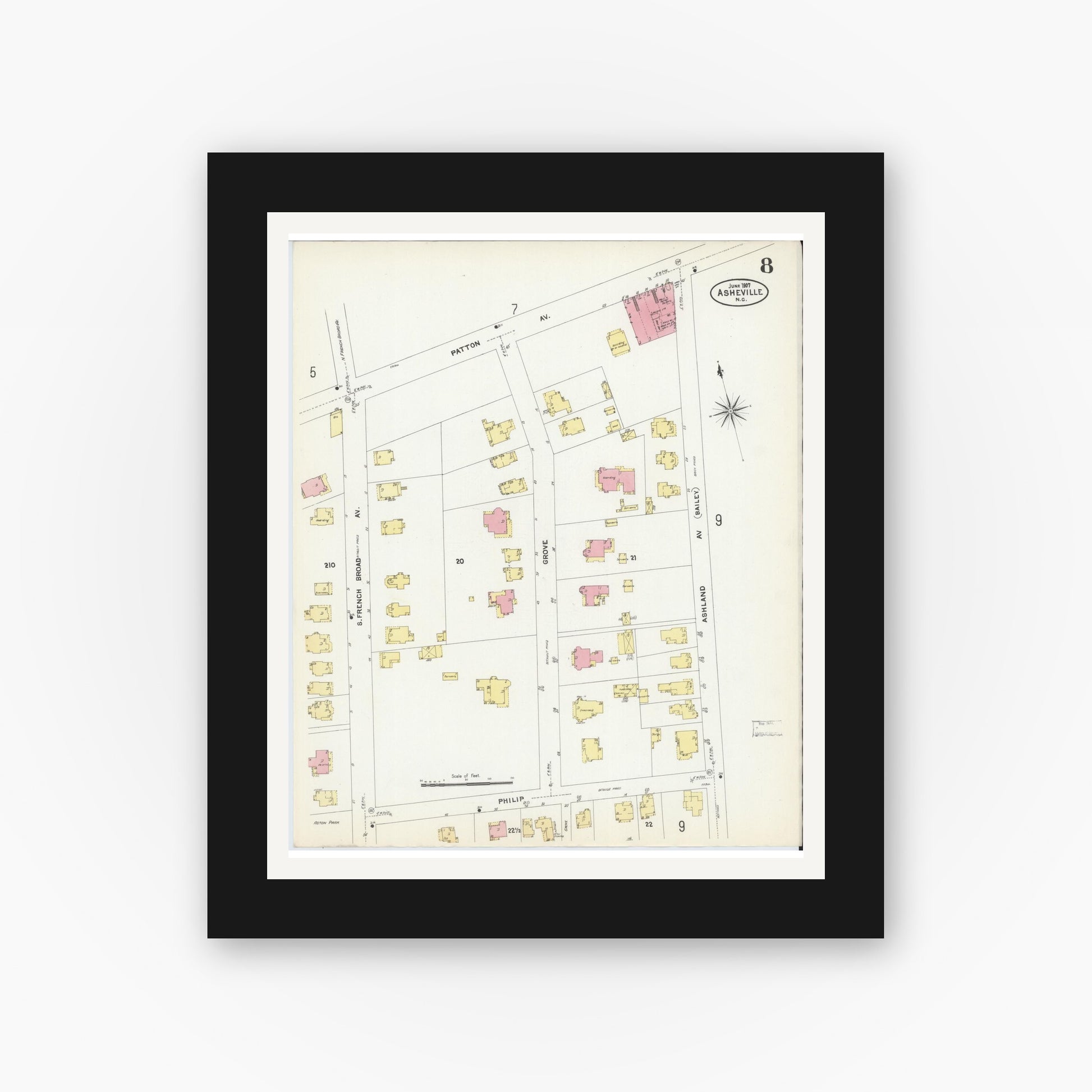 Old map wall art mockup — black gallery frame with white mat — Sanborn Fire Insurance Map from Asheville, Buncombe County, North Carolina (1907), Sheet #0008