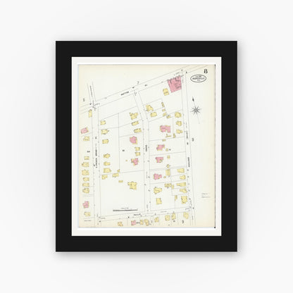Old map wall art mockup — black gallery frame with white mat — Sanborn Fire Insurance Map from Asheville, Buncombe County, North Carolina (1907), Sheet #0008