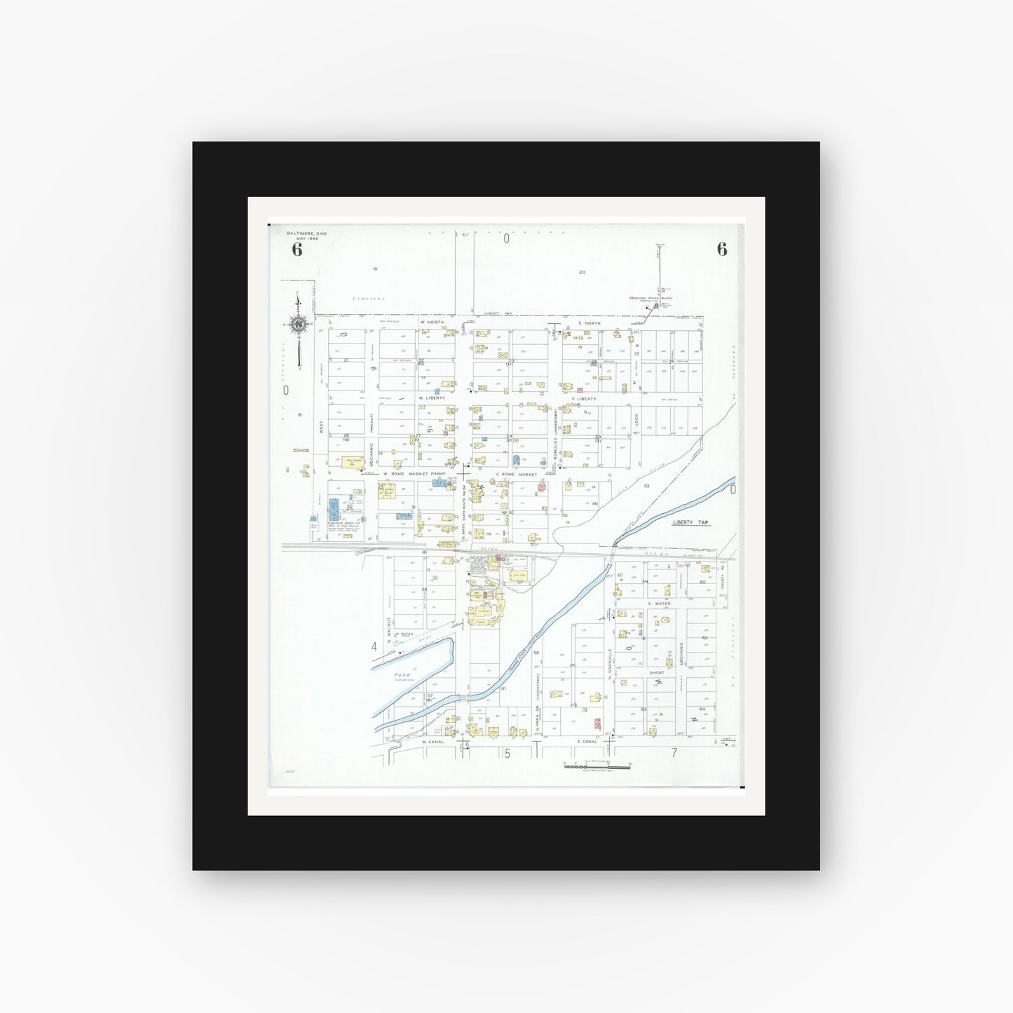 Old map wall art mockup — black gallery frame with white mat — Sanborn Fire Insurance Map from Baltimore, Fairfield County, Ohio (1946), Sheet #0006